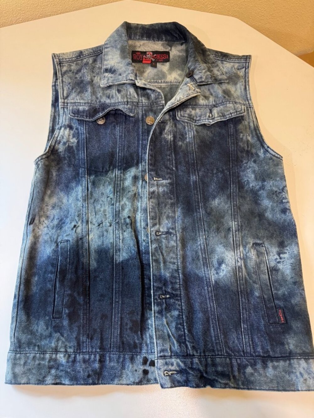 Royal Bones By Tripp Mens Tie-Dye Denim Vest Button-Up Size S Blue Cotton Made I